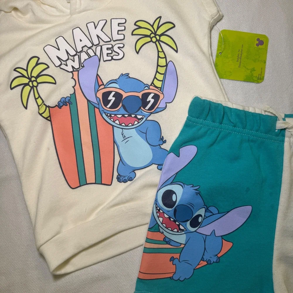 Disney Stitch Kids 2-Piece Set Sleeveless Hoodie and Shorts‎ Cream Teal 3T NEW